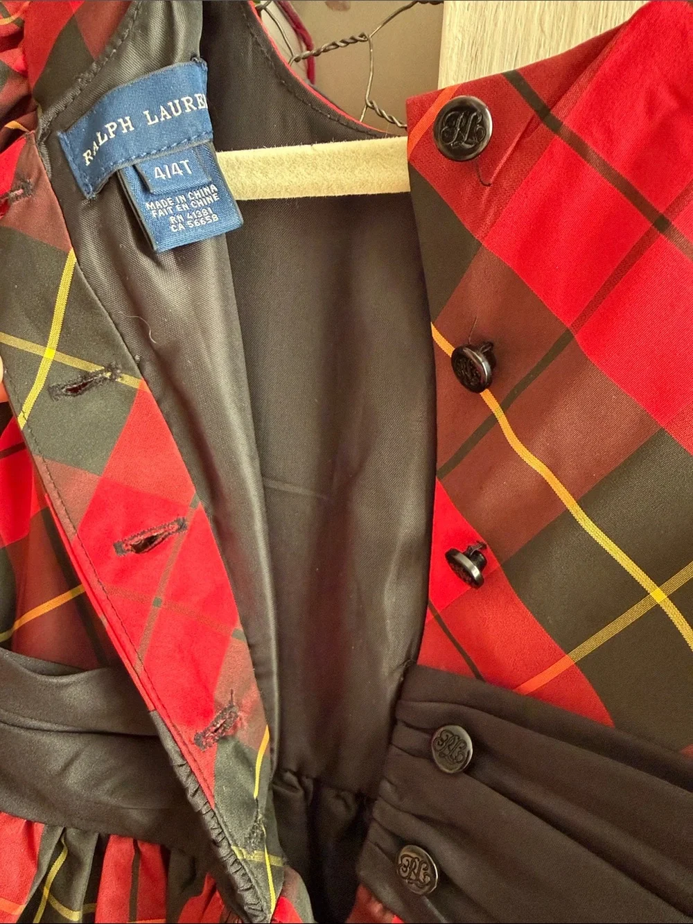 Ralph Lauren Red and Black Plaid Bow-Accent Girls Formal Dress